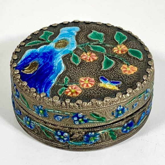 VTG Hand-Painted Floral Enamel Trinket Box Blue Butterfly Design Mirror Compact - Picture 3 of 7